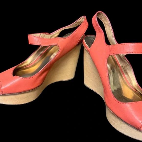 COACH Coral Leather Wooden Platform Wedge Heels Women’s Shoes Size 9.5 B - Picture 3 of 10